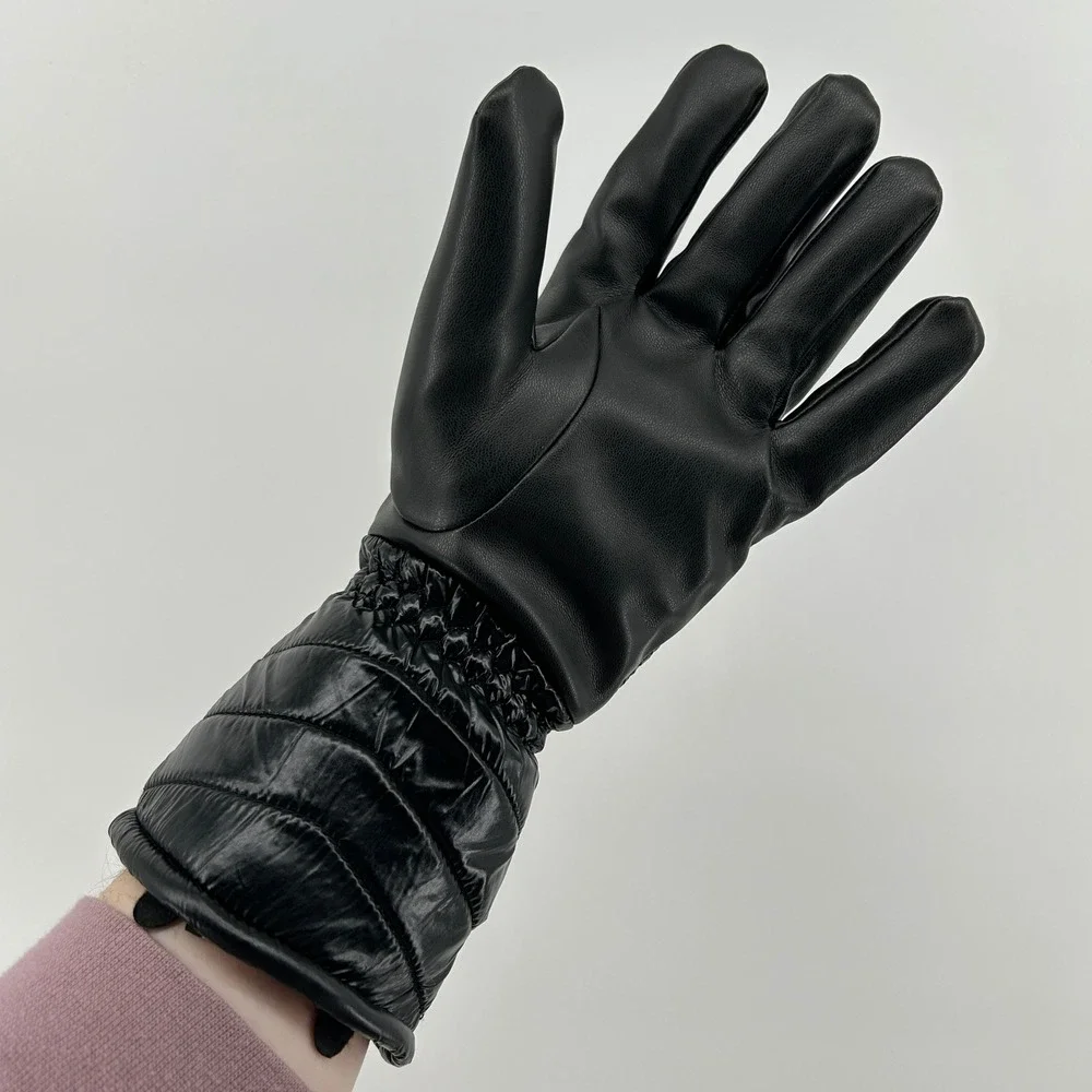 Bebe Sport Black Faux Leather Puffer Sherpa Lined Quilt Winter Gloves Women L/XL